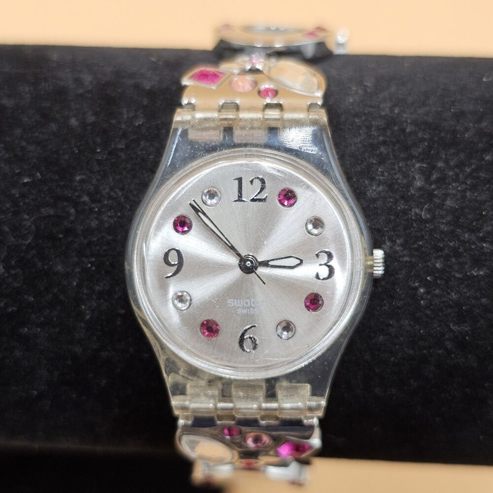 Vintage Swatch LK322G Pink Crystal Dial Steel Ladies Watch 25mm New Battery